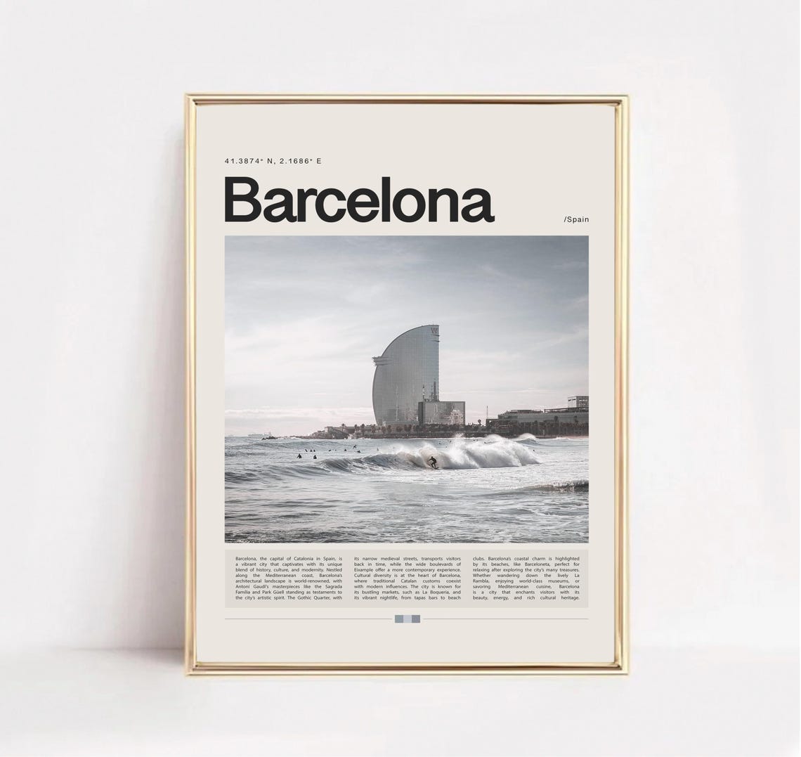 Barcelona Barceloneta Beach Surf Waves Spain Travel Art Poster - Image 2