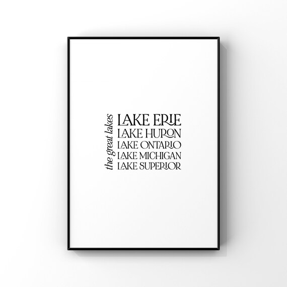 The Great Lakes All Names Black and White Typography Art Poster