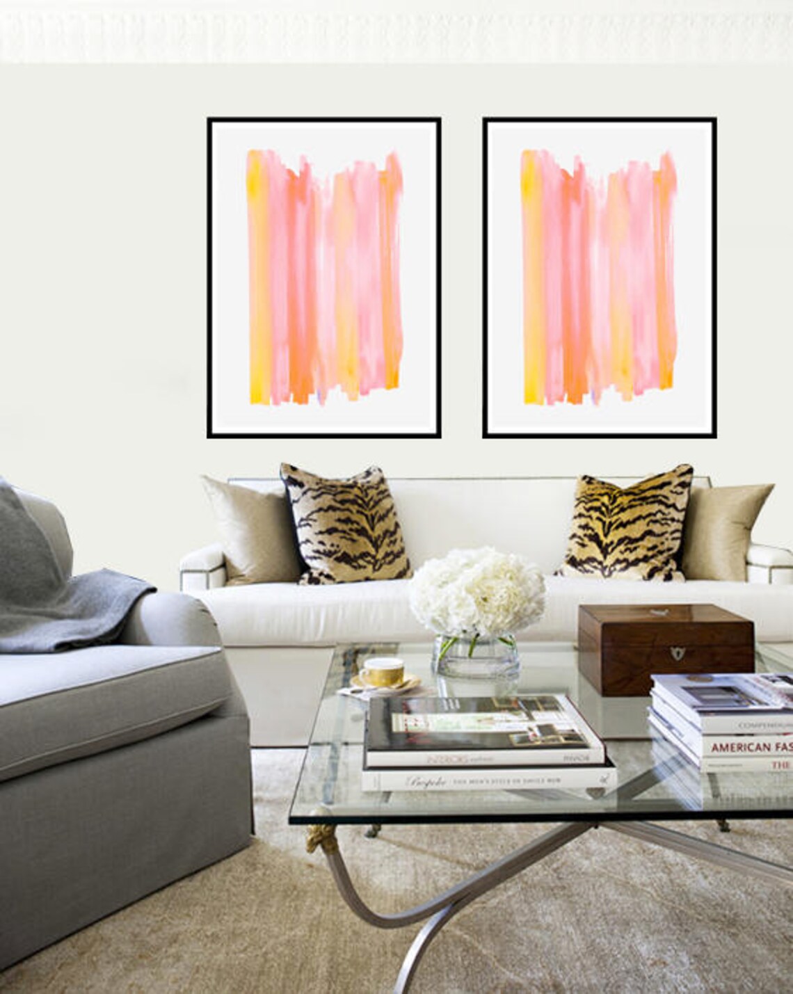 Pink Orange Watercolor Brushstroke Vertical Abstract Modern Art Print - Image 3