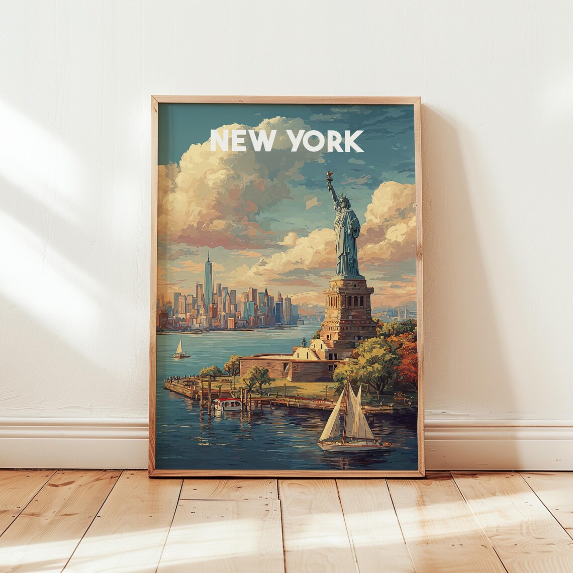 New York Statue of Liberty Skyline Harbor Vintage Travel Poster Art
