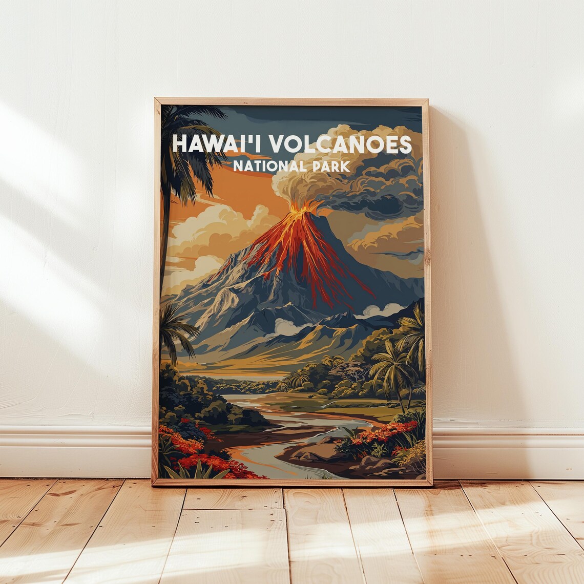 Hawaii Volcanoes National Park Erupting Volcano Retro Travel Poster