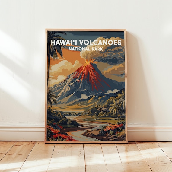 Hawaii Volcanoes National Park Erupting Volcano Retro Travel Poster