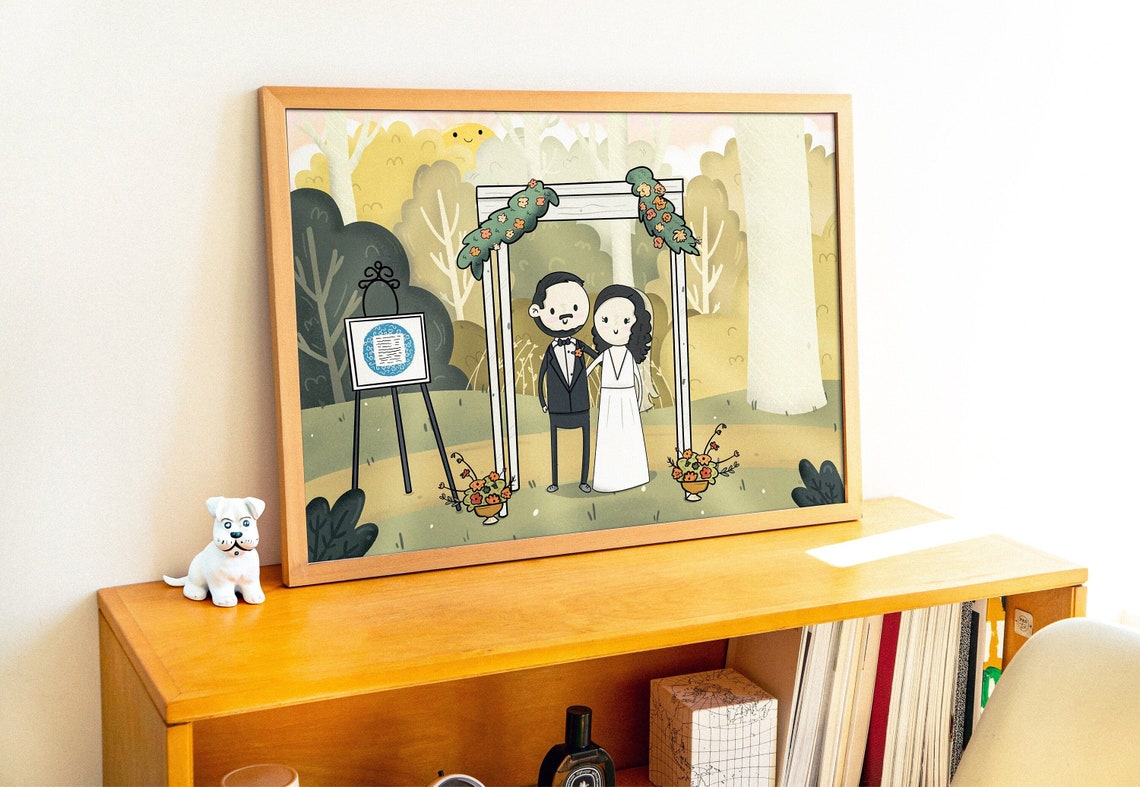 Custom Cartoon Wedding Couple Portrait Under Floral Forest Arch Poster