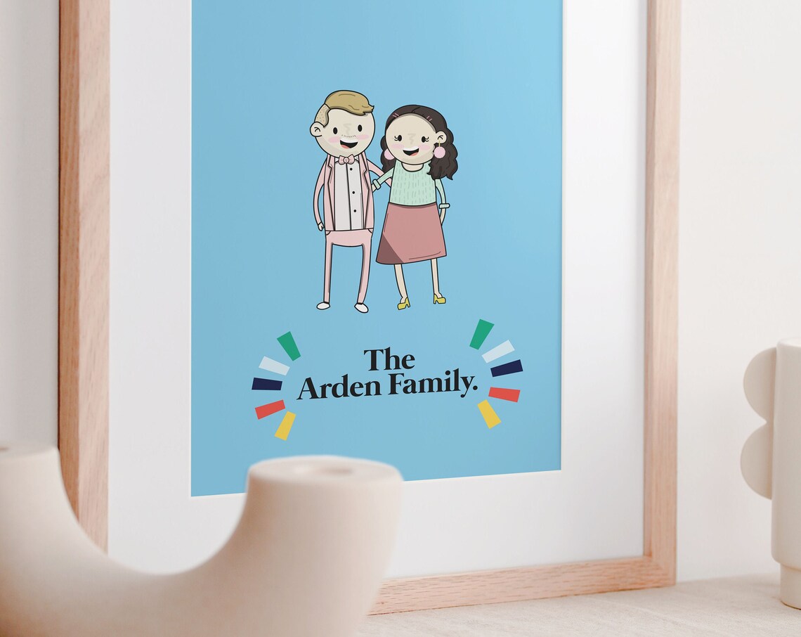 Personalized Cartoon Couple Portrait The Arden Family Blue Poster