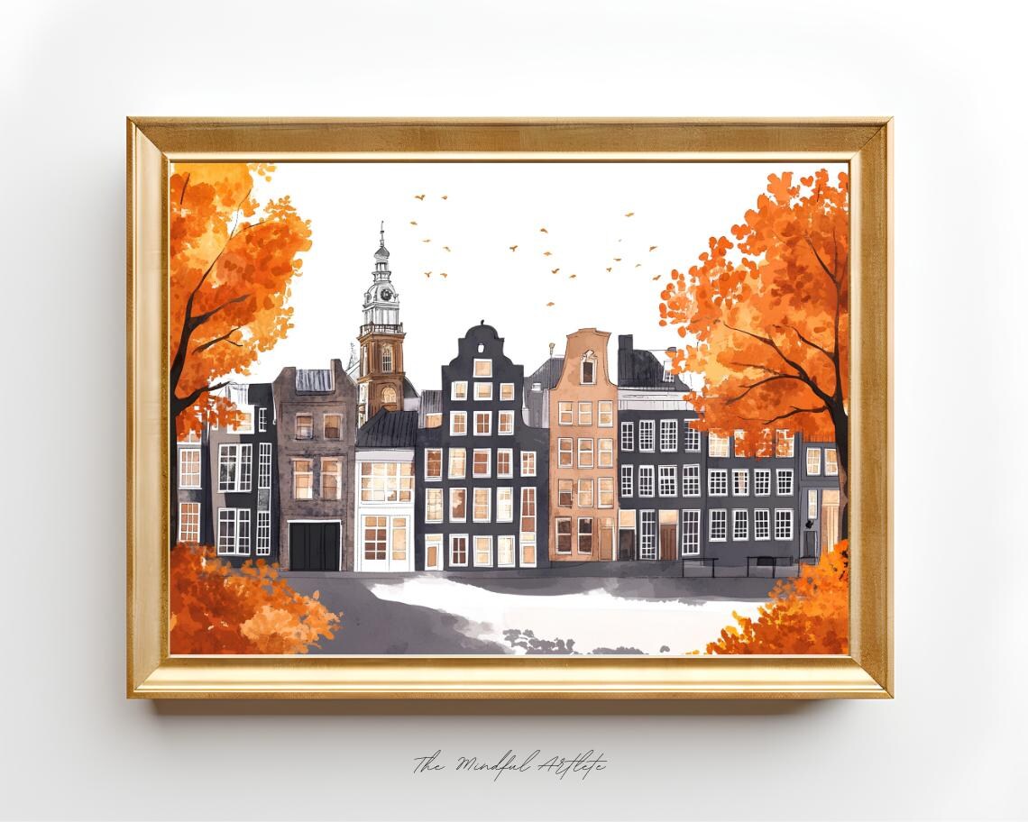 Copenhagen Autumn Canal Houses Orange Trees Travel Art Poster