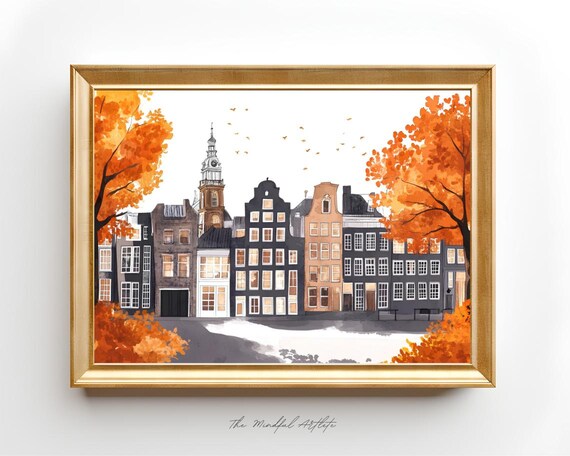 Copenhagen Autumn Canal Houses Orange Trees Travel Art Poster