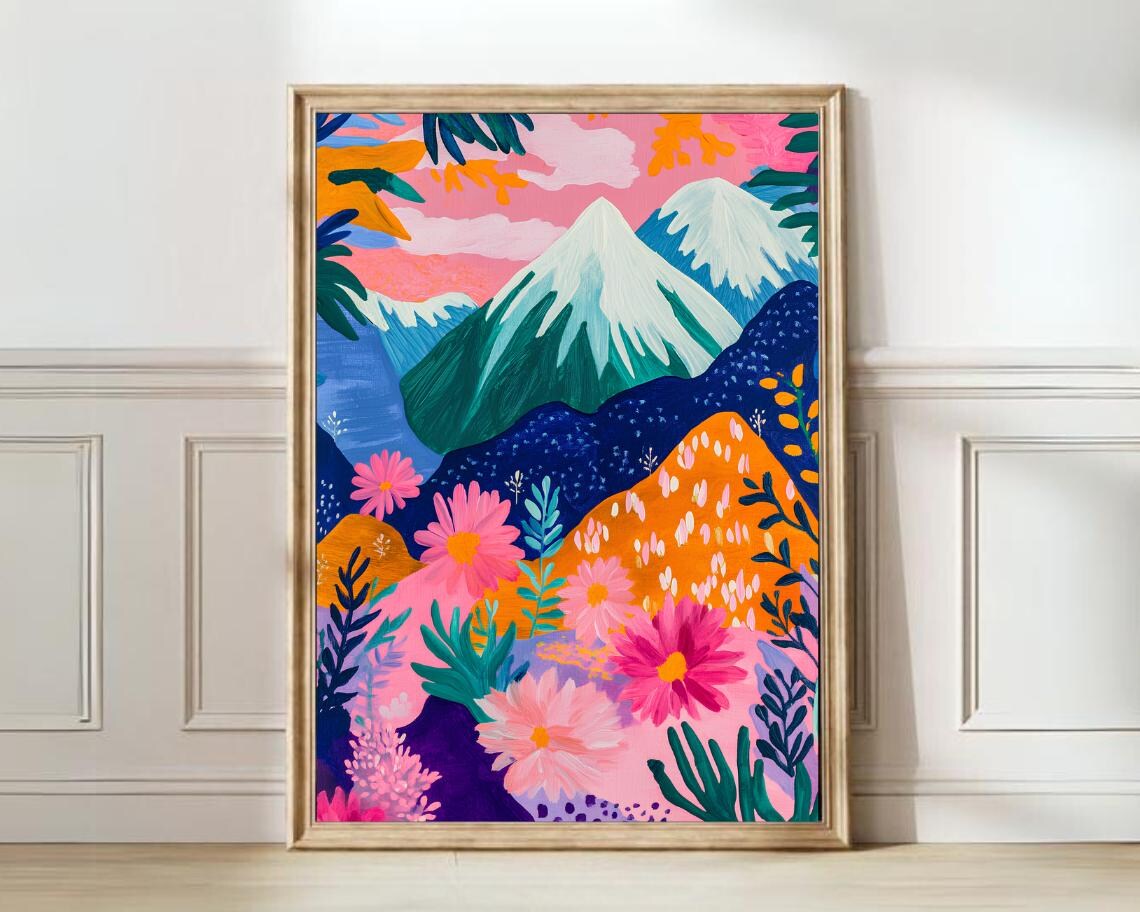 Colorful Mountains Poster, Floral Abstract Nature Print