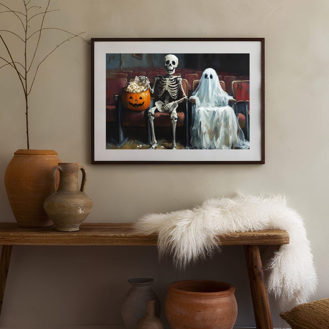 Skeleton And Ghost Watching Movie At Cinema Halloween Night Poster - Image 2