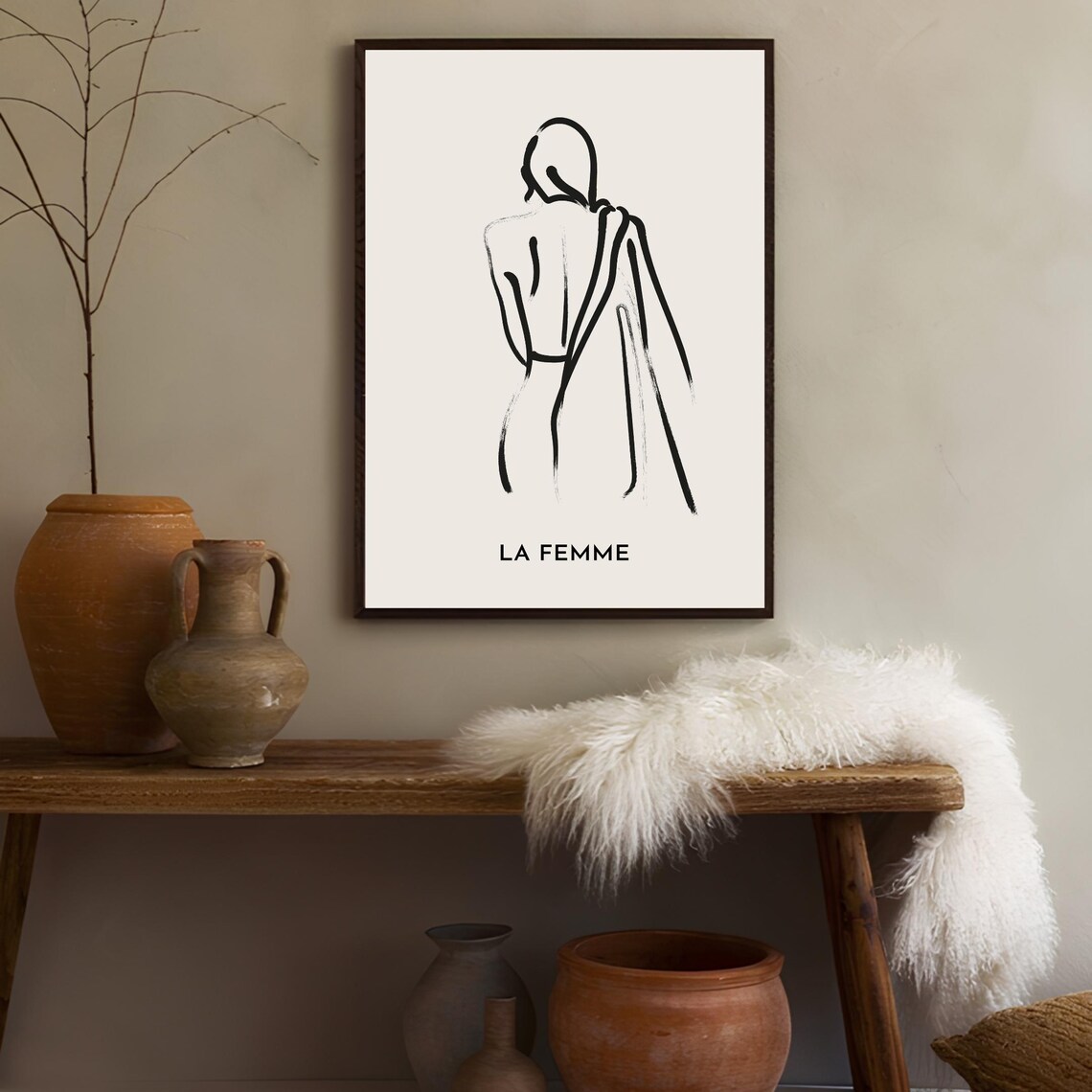 La Femme Minimalist Black Line Drawing Of A Woman Beige Poster - Image 3