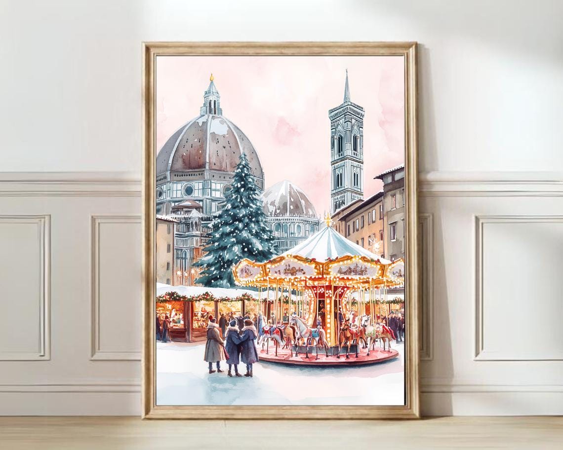 Florence Duomo Carousel Snowy Night Christmas Watercolor Poster