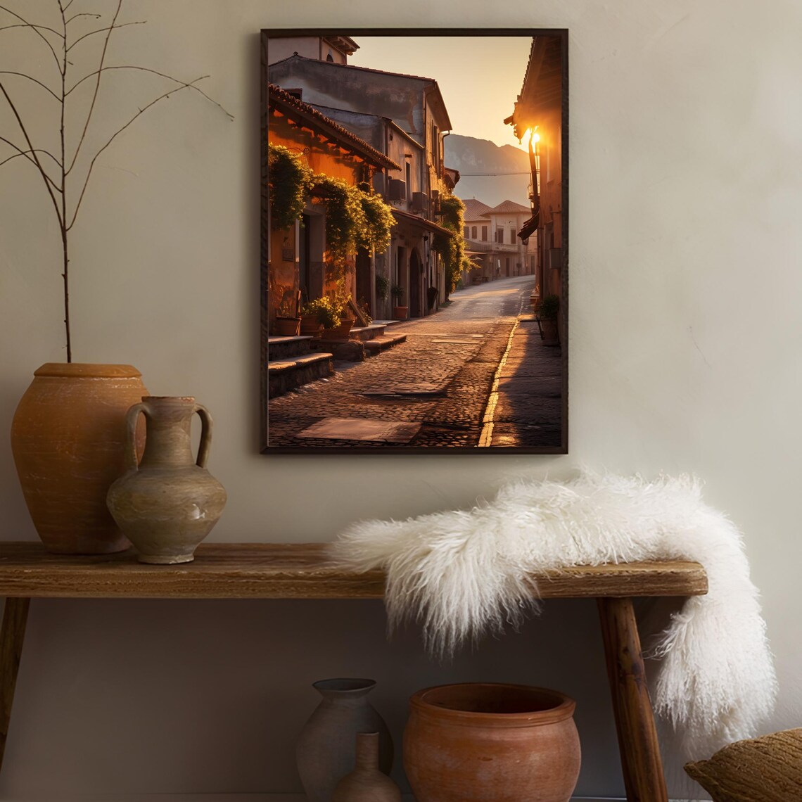 Italian Village Cobblestone Street At Sunset Golden Art Poster - Image 3
