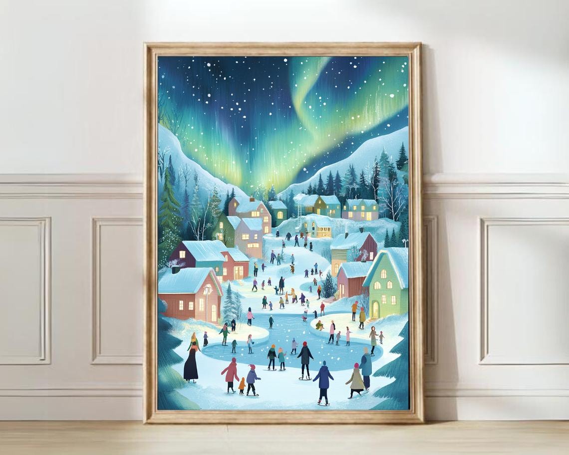 Bergen Illustration Northern Lights Travel Poster