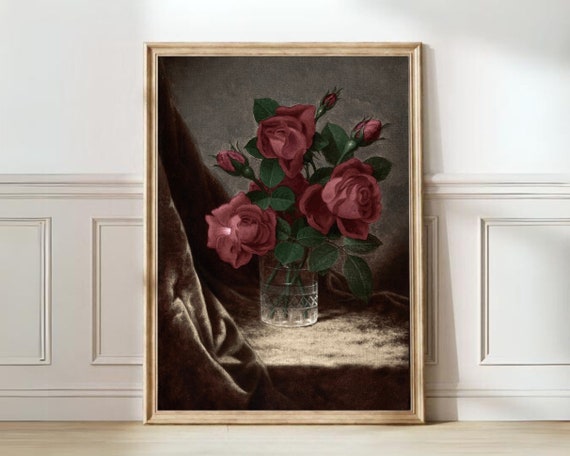 Moody Red Roses Painting Vintage Flower Print Dark Floral Print Vintage Roses Print Still Life Farmhouse Decor
