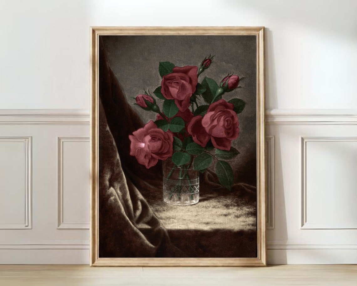 Deep Red Roses in Crystal Vase Dark Velvet Drapery Vintage Art Print