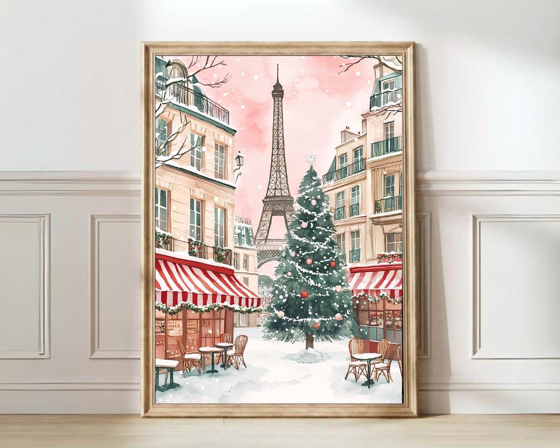 Paris Winter Eiffel Tower Christmas Tree Cafe Street Snowy Poster