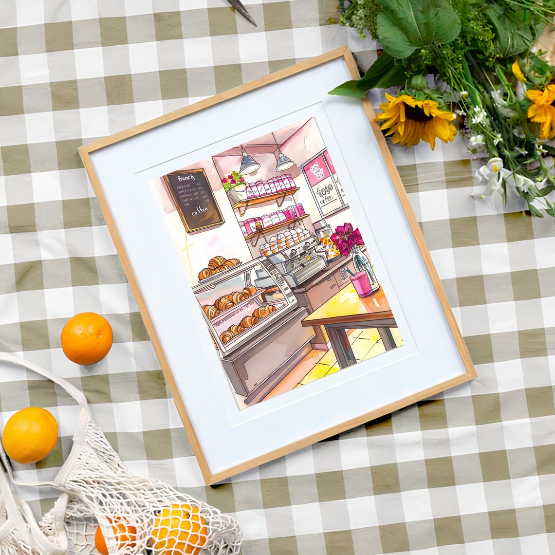 Pink Parisian French Cafe Interior Croissant Watercolor Poster - Image 3