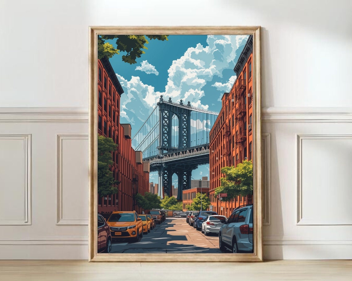Iconic Brooklyn Bridge Street View in DUMBO New York Travel Poster