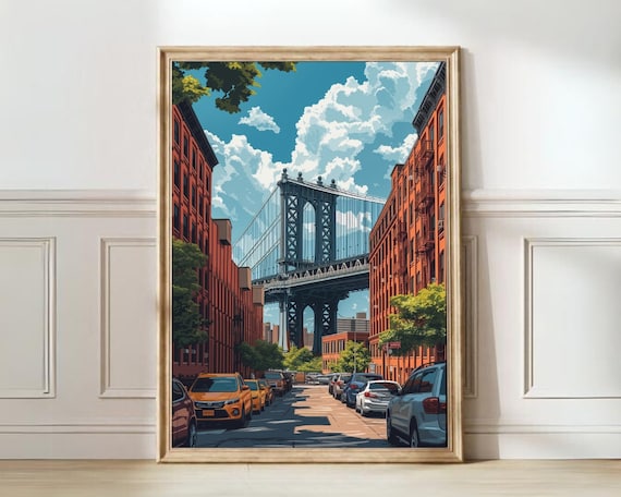 Iconic Brooklyn Bridge Street View in DUMBO New York Travel Poster