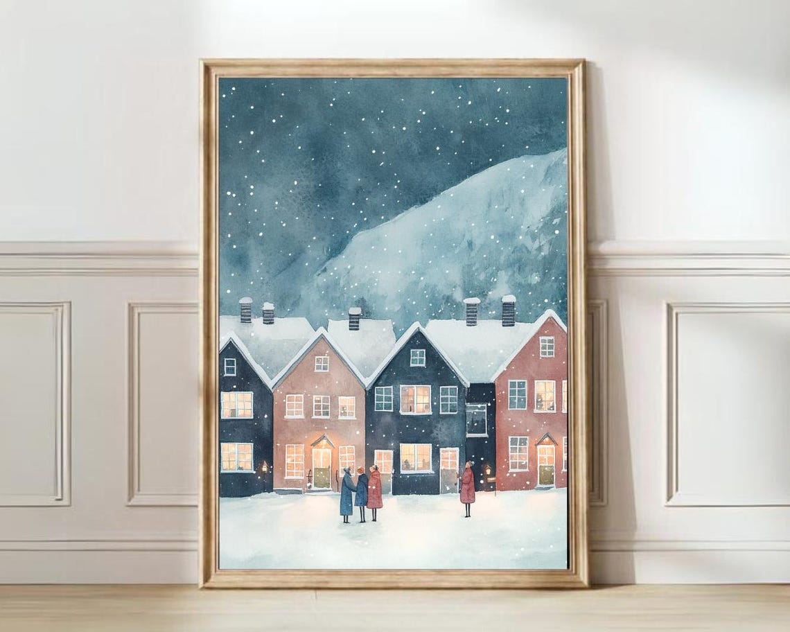 Norway Winter Night Snowfall Lit Houses Moody Scandinavian Poster