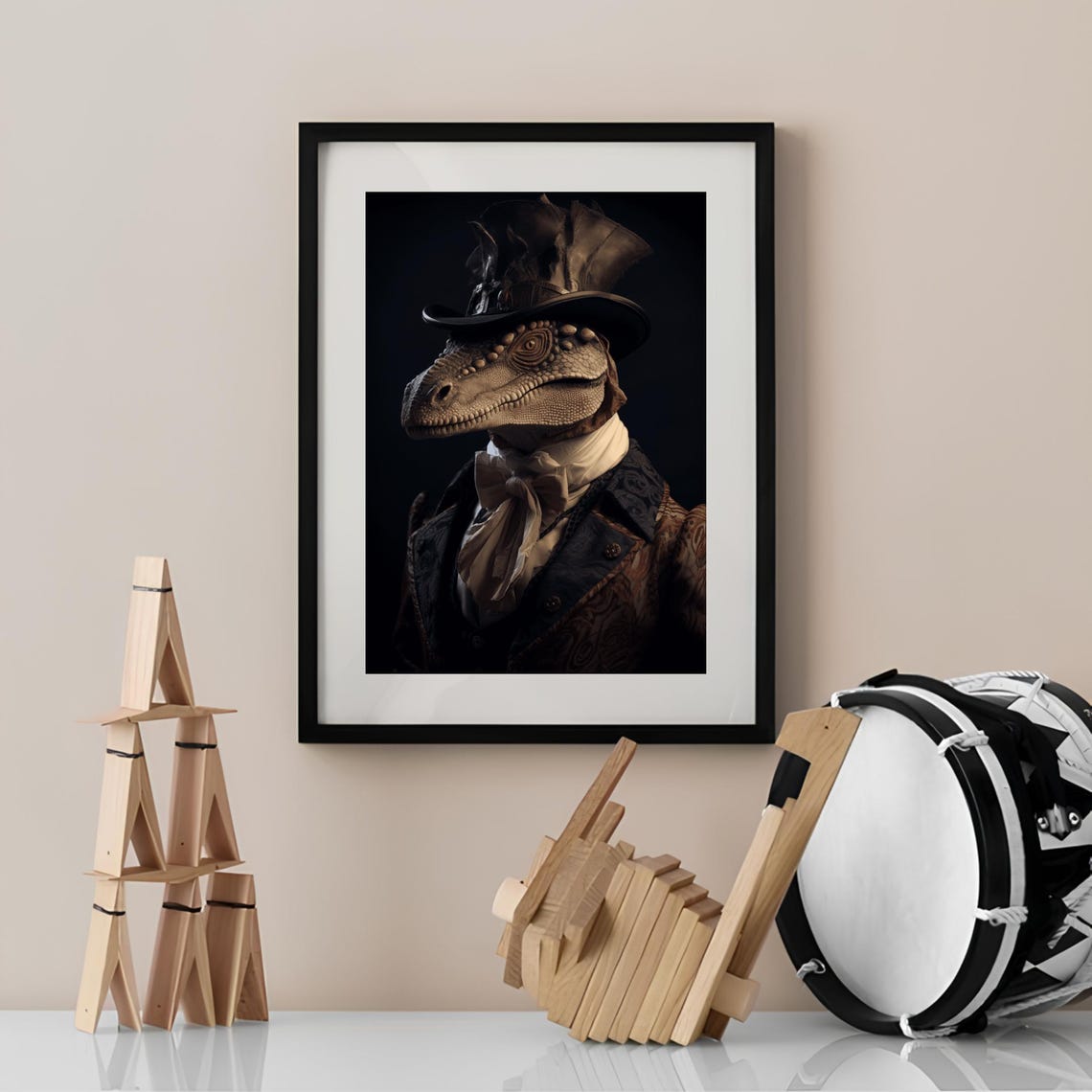 Victorian Dinosaur Portrait Wearing a Top Hat Gothic Animal Poster - Image 3