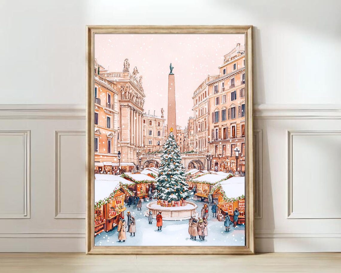 Rome Piazza Navona Obelisk Christmas Market Pink Snowy Sky Poster