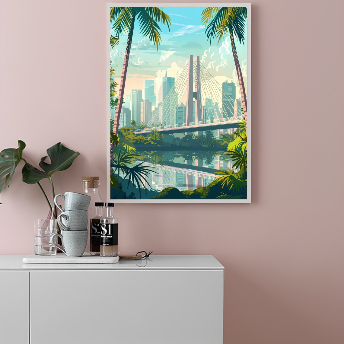 Sao Paulo Ponte Estaiada Bridge Palm Trees Travel Art Poster - Image 3
