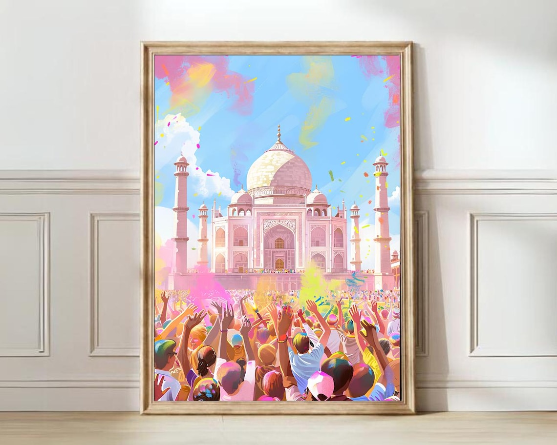 Taj Mahal India During Colorful Holi Festival Celebration Art Poster