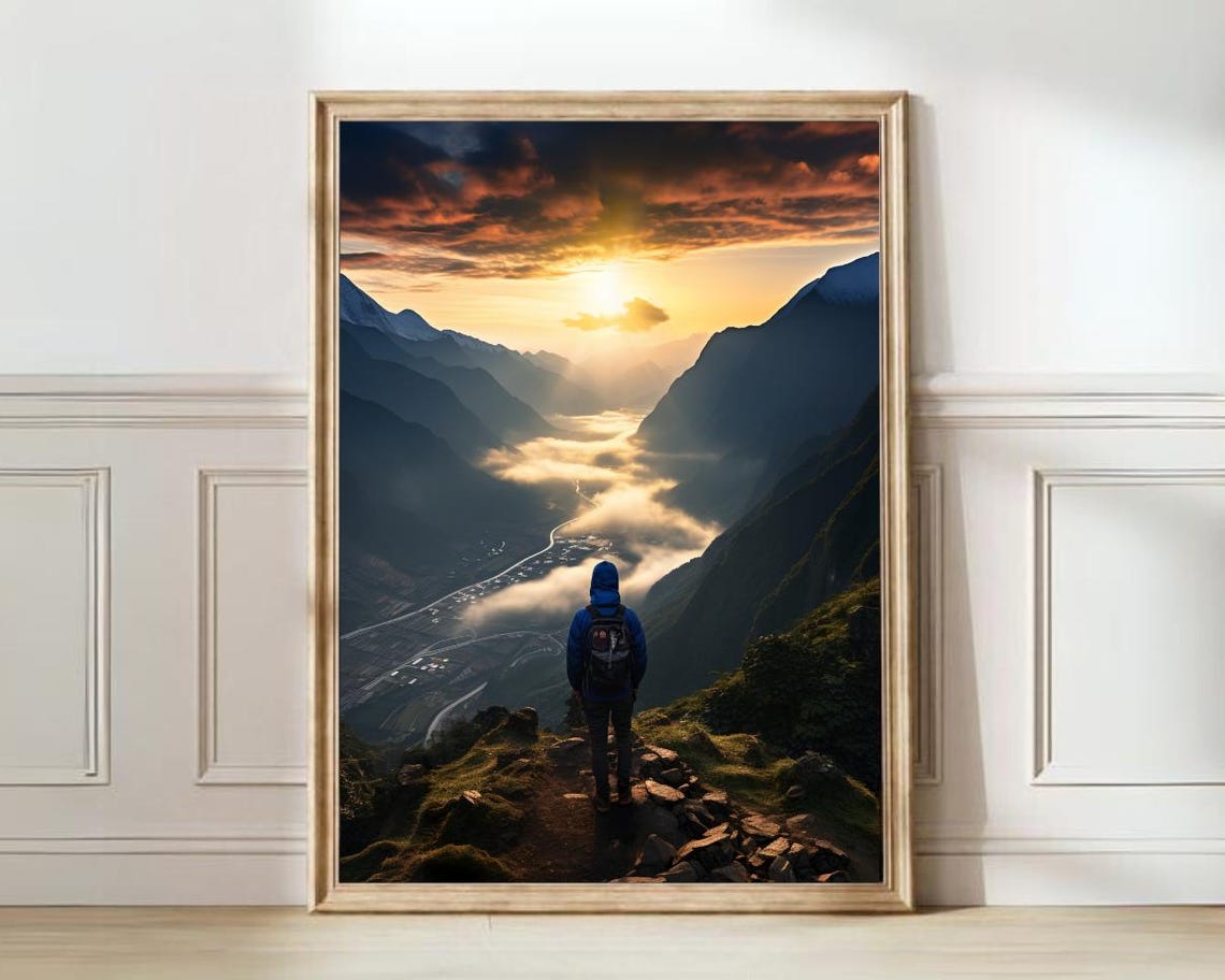 Sapa Vietnam Sunrise Hiker Misty Mountain Valley Travel Poster