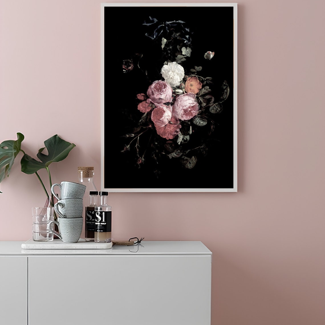 Moody Pink Peonies and White Roses Black Background Floral Art Print - Image 2