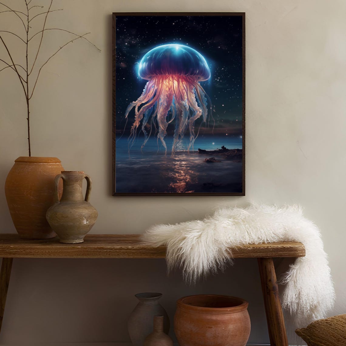 Glowing Blue Jellyfish Night Ocean Surreal Celestial Art Poster - Image 3
