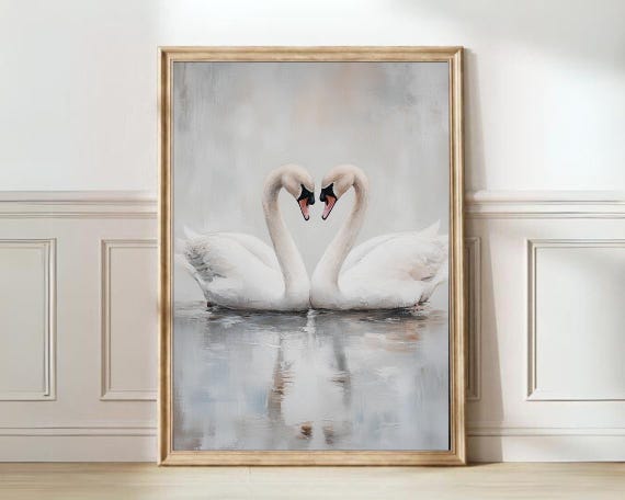 Vintage Swan Print White Swan Painting Pastel Nursery Farmhouse Painting Oil Vintage Animal Painting Vintage Animal Print