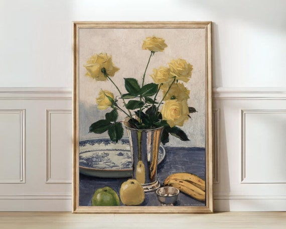 Moody Roses Painting Vintage Flower Print Dark Floral Print Vintage Yellow Roses Print Still Life Farmhouse Decor