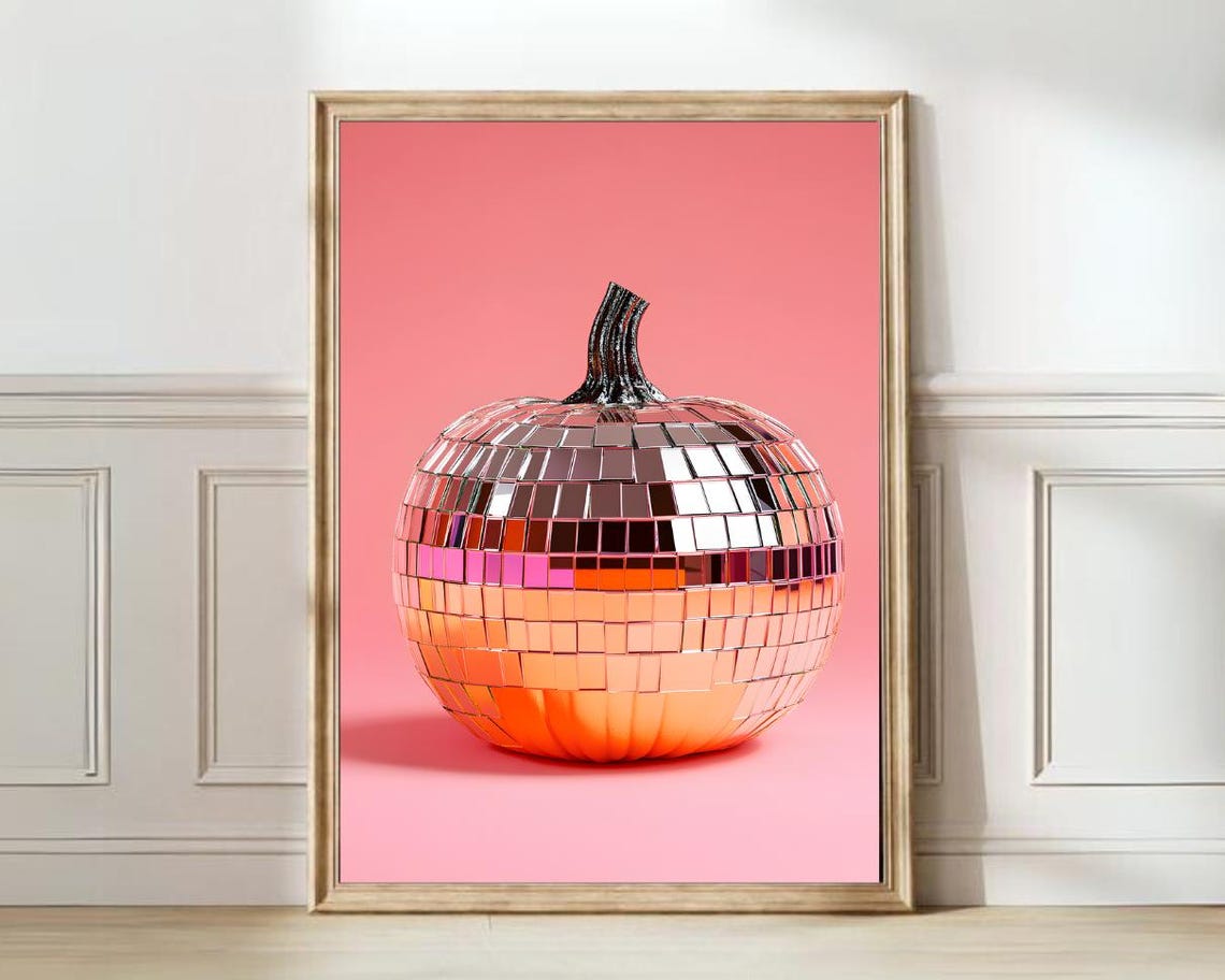 Disco Ball Mirror Pumpkin Coral Fall Autumn Eclectic Wall Art