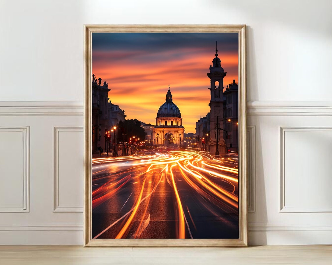 Rome Sunset Avenue With Golden Light Trails City Photography Poster