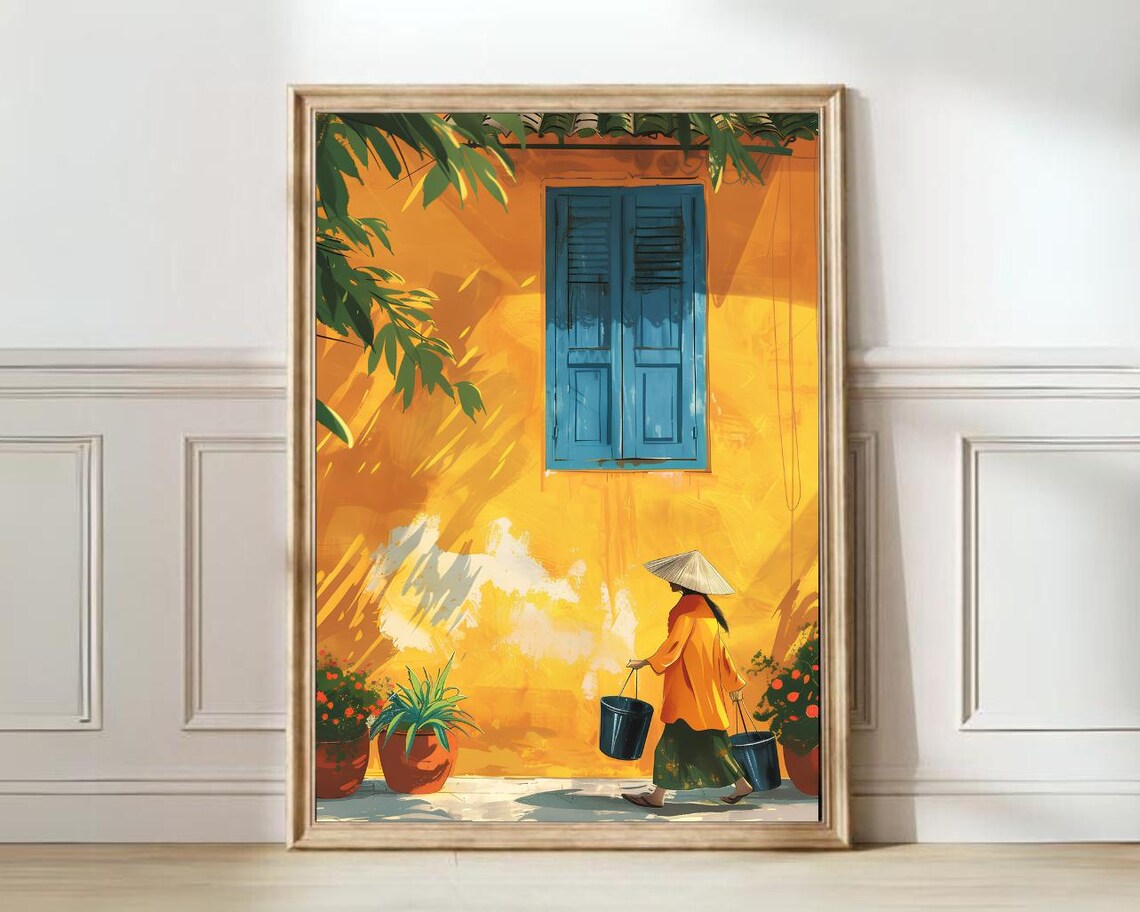 Hanoi Vietnam Yellow Wall Conical Hat Travel Illustration Poster