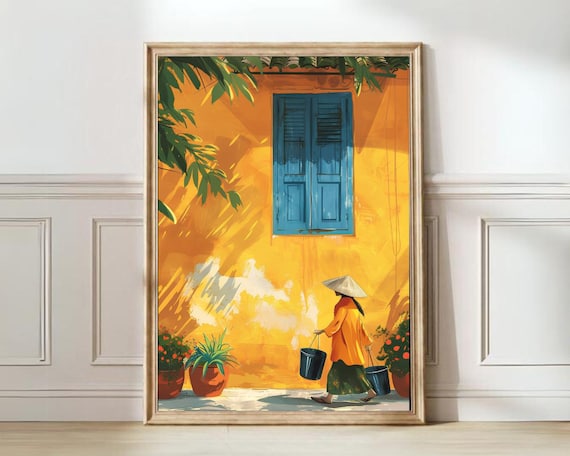 Hanoi Vietnam Yellow Wall Conical Hat Travel Illustration Poster