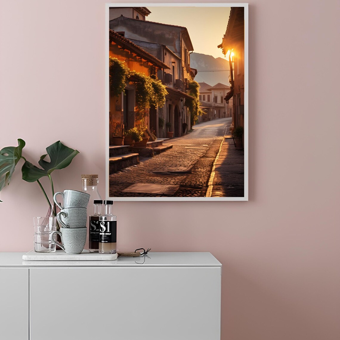 Italian Village Cobblestone Street At Sunset Golden Art Poster - Image 2