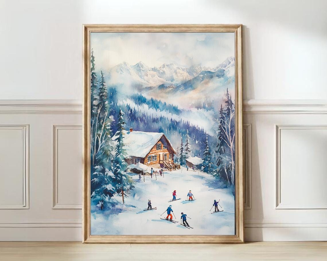 Alpine Cabin Watercolor Skiers Misty Blue Mountain Winter Poster