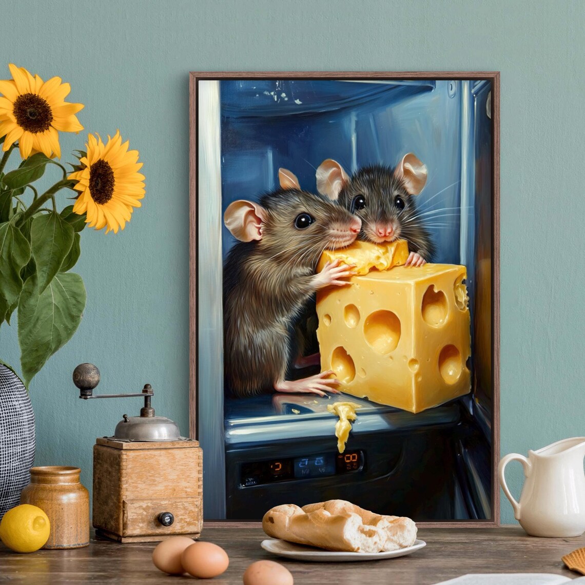 Two Cute Mice With Cheese Wedge Playful Kitchen Wildlife Art Print