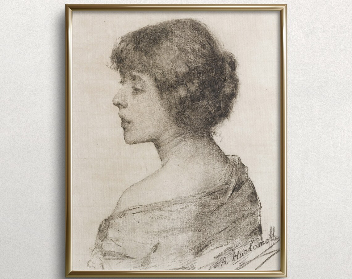 Alexei Harlamoff Pencil Sketch Portrait Of Woman Vintage Fine Art Print