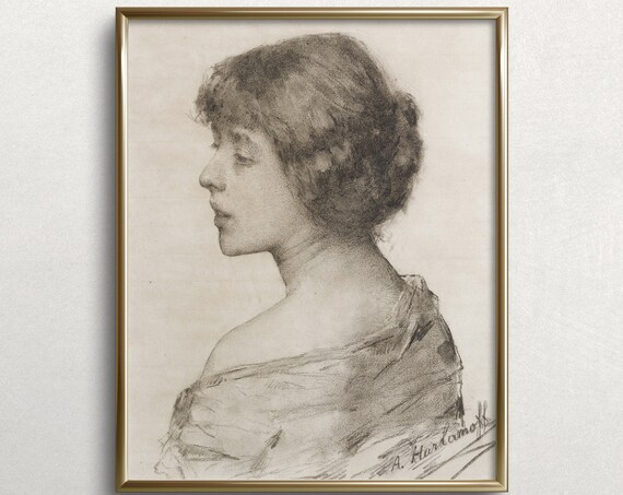 Alexei Harlamoff Pencil Sketch Portrait Of Woman Vintage Fine Art Print