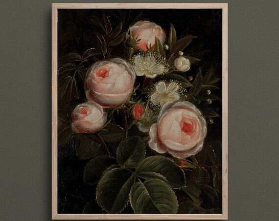 Rose Blooms Vintage Oil Painting Vintage Rose Art Print Rose Wall Art Moody Art Moody Wall Art Dark Academia Art L216