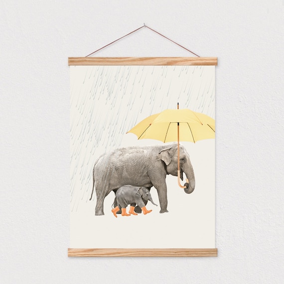 Mother And Baby Elephant Sharing Yellow Umbrella In Gentle Rain Cute Art Poster