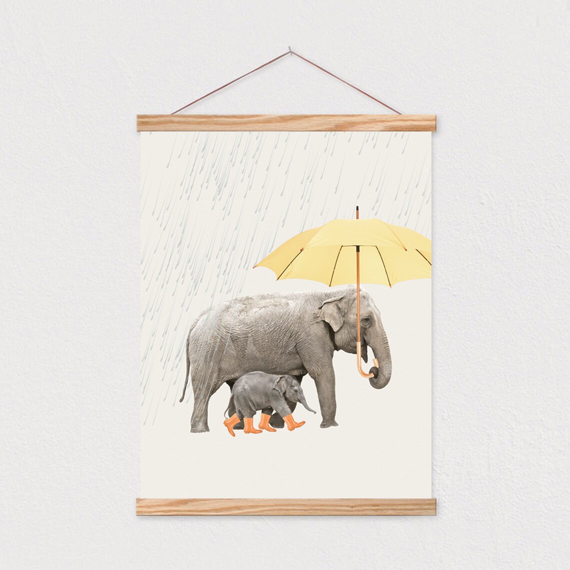 Mother And Baby Elephant Sharing Yellow Umbrella In Gentle Rain Cute Art Poster