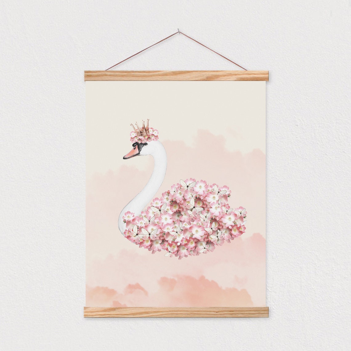 Floral Swan Crown Princess Nursery Soft Pink Cute Animal Poster - Image 2