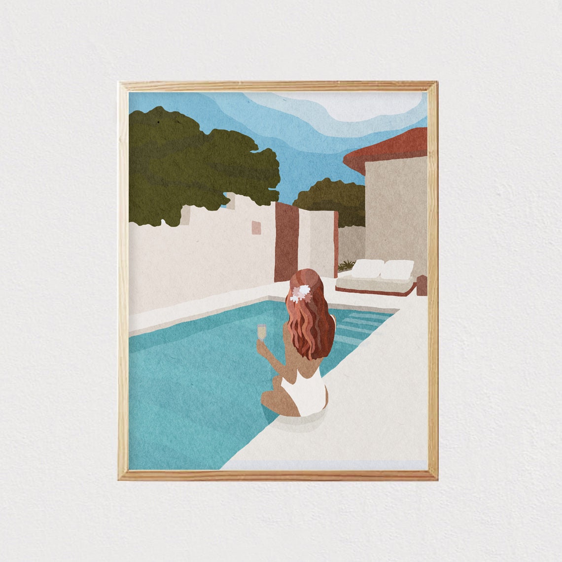 Woman By Turquoise Pool Relaxing Summer Vacation Illustration Poster
