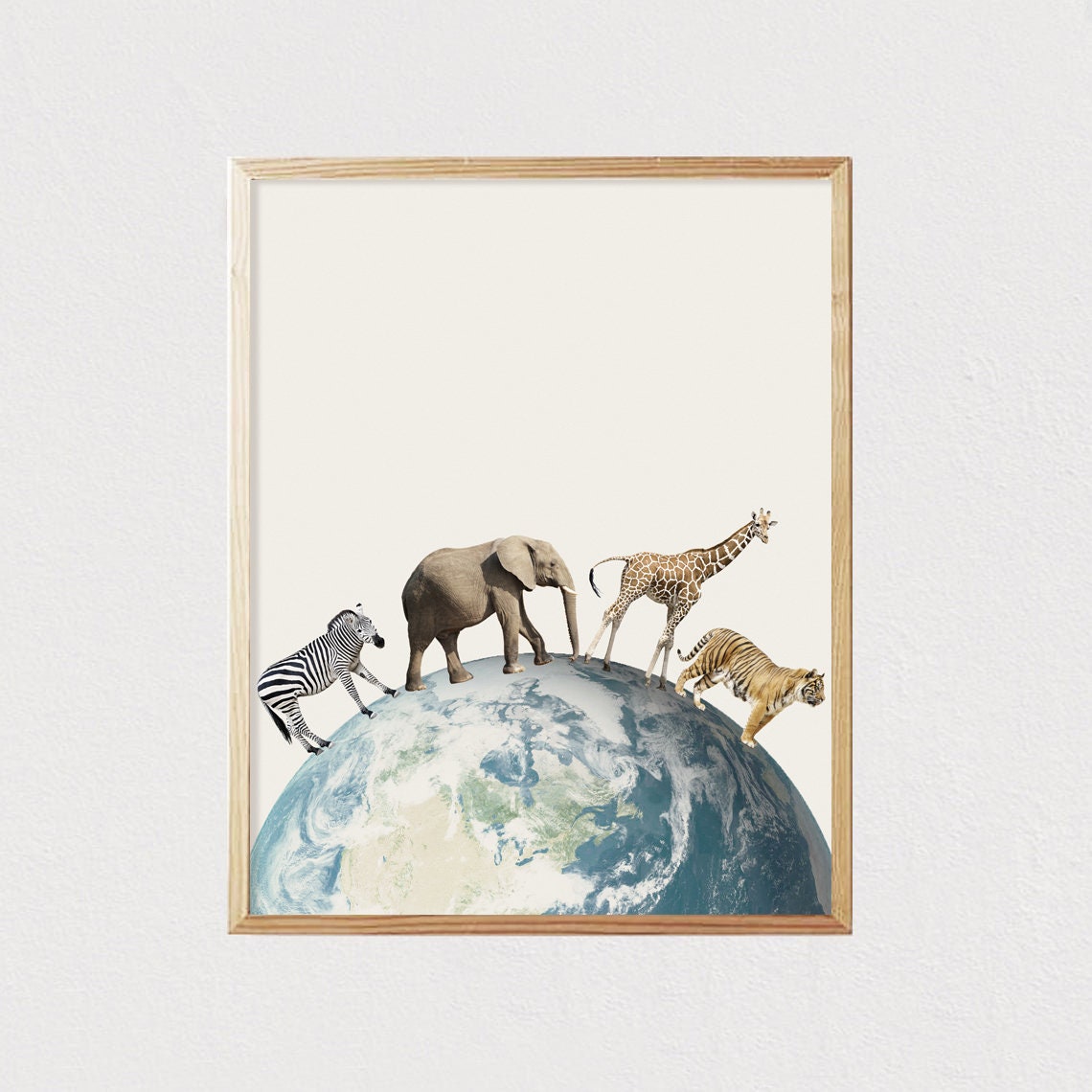 Wild Animals Walking Earth Globe Neutral Nursery Room Poster - Image 2