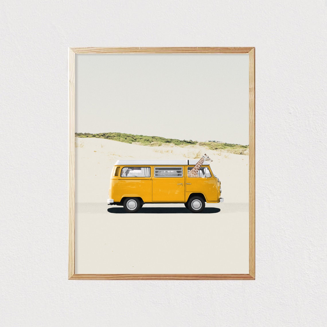 Giraffe Riding Yellow Retro Van Beach Dunes Funny Travel Poster - Image 2