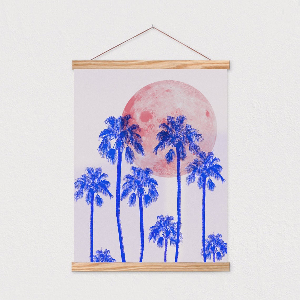 Blue Palm Trees Under Pink Full Moon Modern Tropical Wall Poster