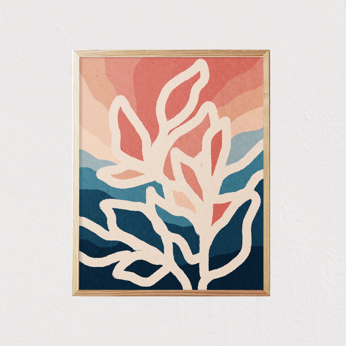 White Leaf Outline Coral Teal Sunset Abstract Botanical Poster